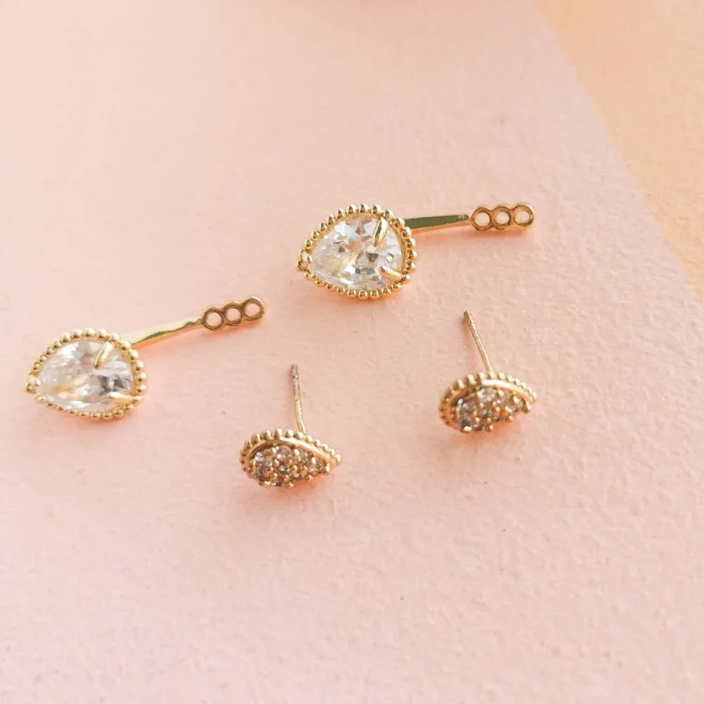 Alicia Bonnie - Dual Elegance White Crystal Gold Ear Jacket Earrings - NEW